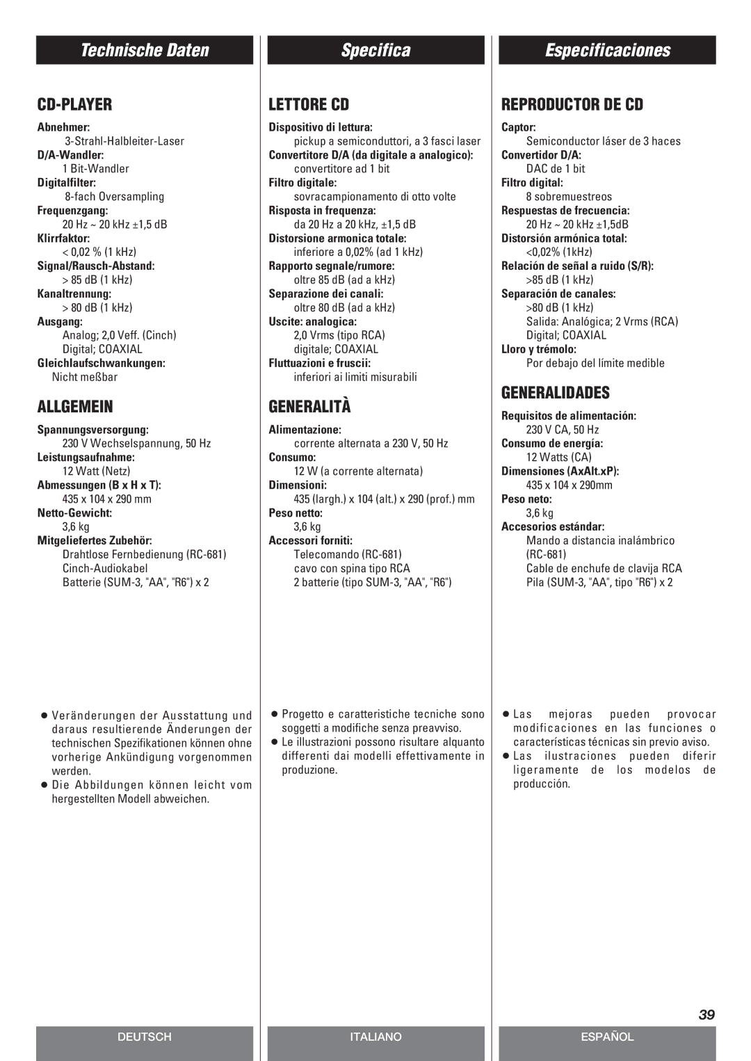 Teac CD-P140 owner manual Technische Daten, Specifica, Especificaciones 