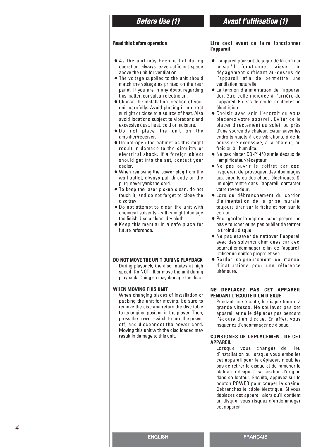 Teac CD-P140 owner manual Before Use, Avant lutilisation, When Moving this Unit, Consignes DE Deplacement DE CET Appareil 