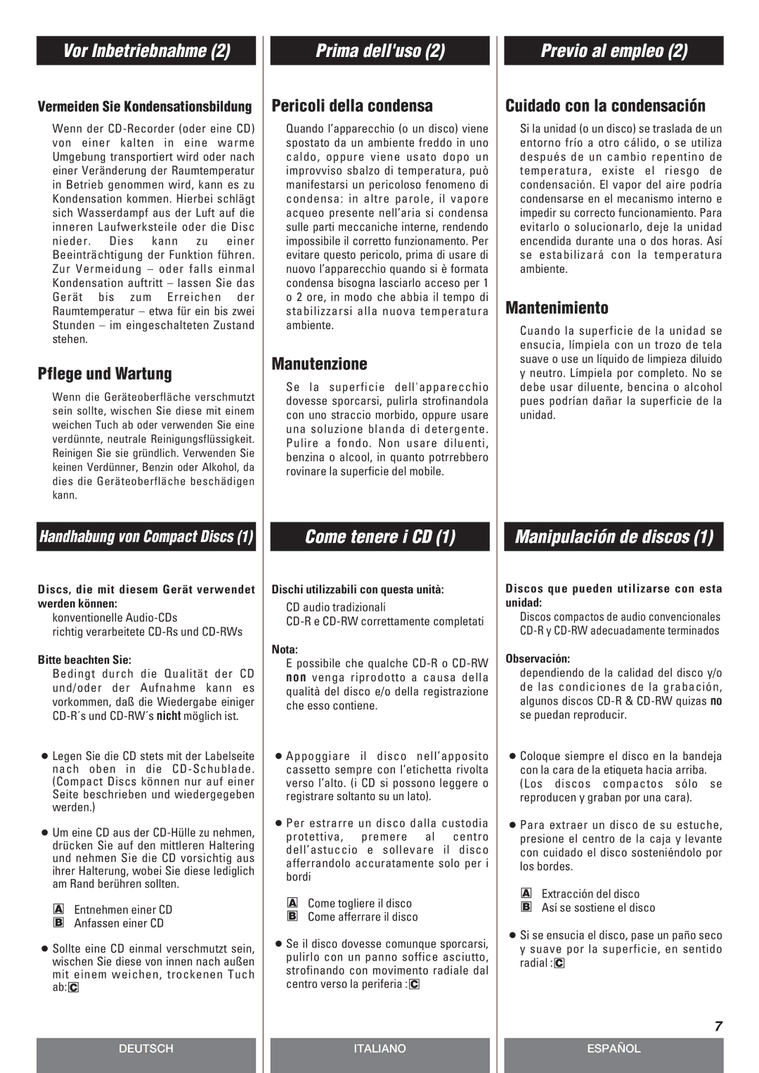 Teac CD-P140 owner manual Come tenere i CD, Manipulación de discos 