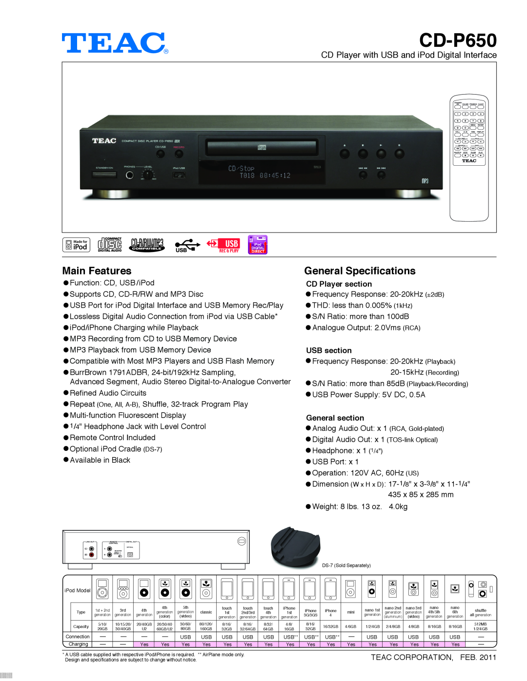 Teac CD-P650 specifications Main Features, General Specifications, CD Player with USB and iPod Digital Interface 