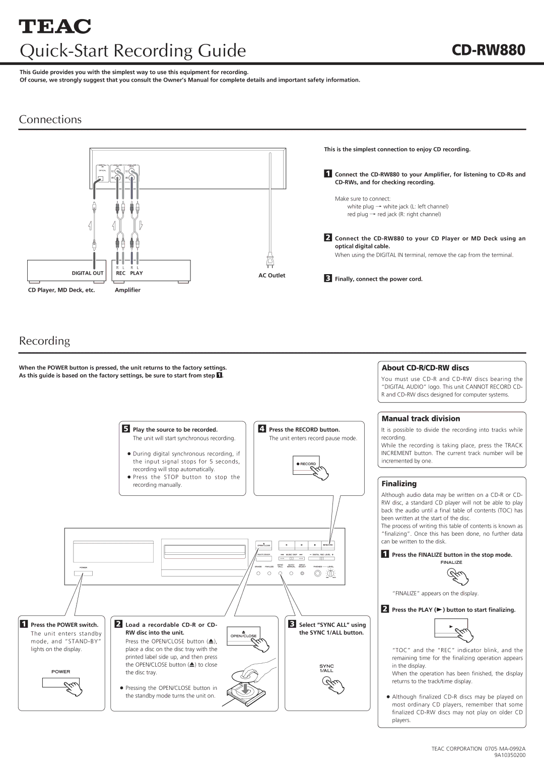 Teac CD-RW880 quick start Quick-Start Recording Guide, Connections 