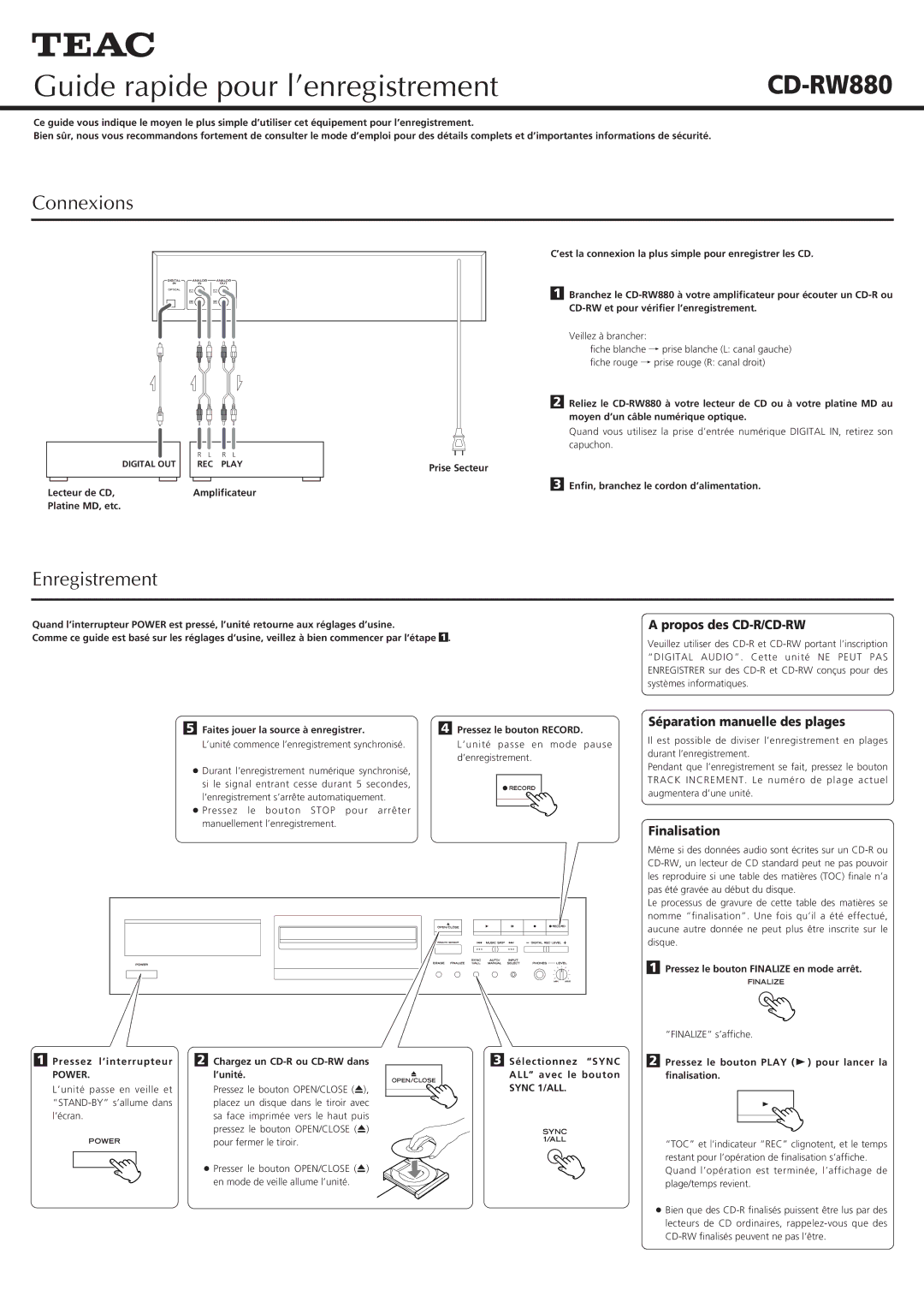 Teac CD-RW880 quick start Guide rapide pour l’enregistrement, Connexions, Enregistrement 