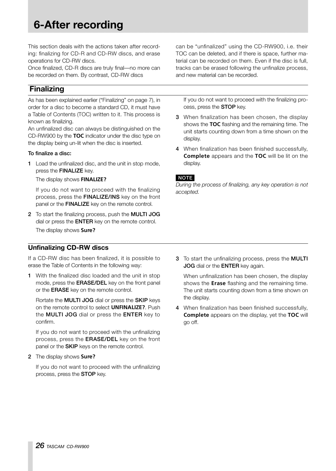 Teac CD-RW900CD owner manual After recording, Finalizing, Unfinalizing CD-RW discs 