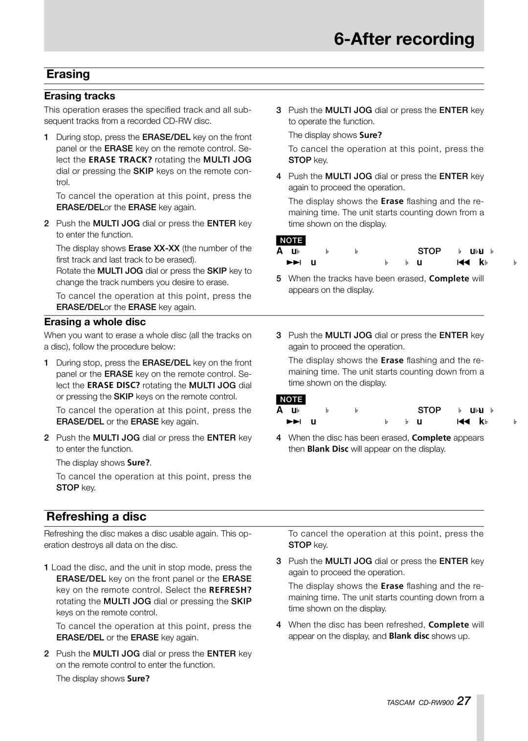 Teac CD-RW900CD owner manual Refreshing a disc, Erasing tracks, Erasing a whole disc 