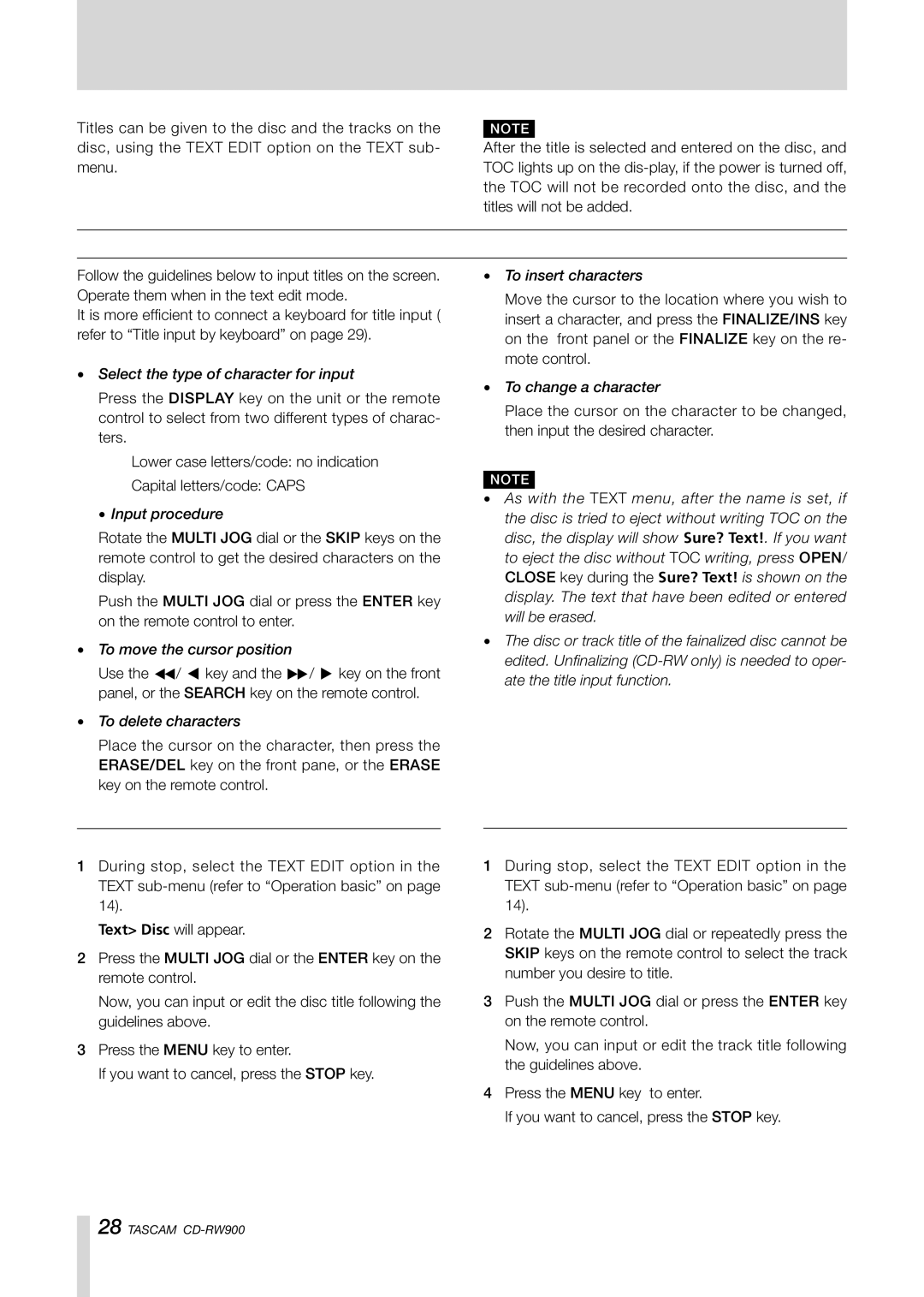 Teac CD-RW900CD owner manual Titling, Title input operation, Disc title input, Track title input 