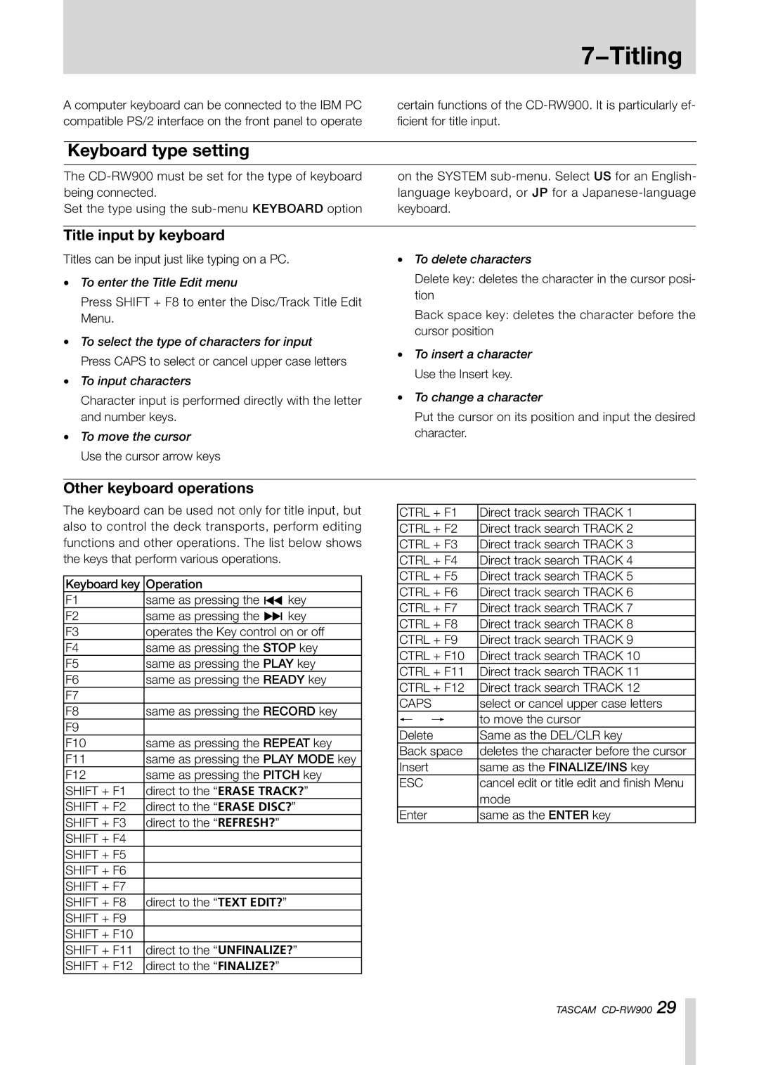 Teac CD-RW900CD owner manual Keyboard type setting, Title input by keyboard, Other keyboard operations, ／ œ 