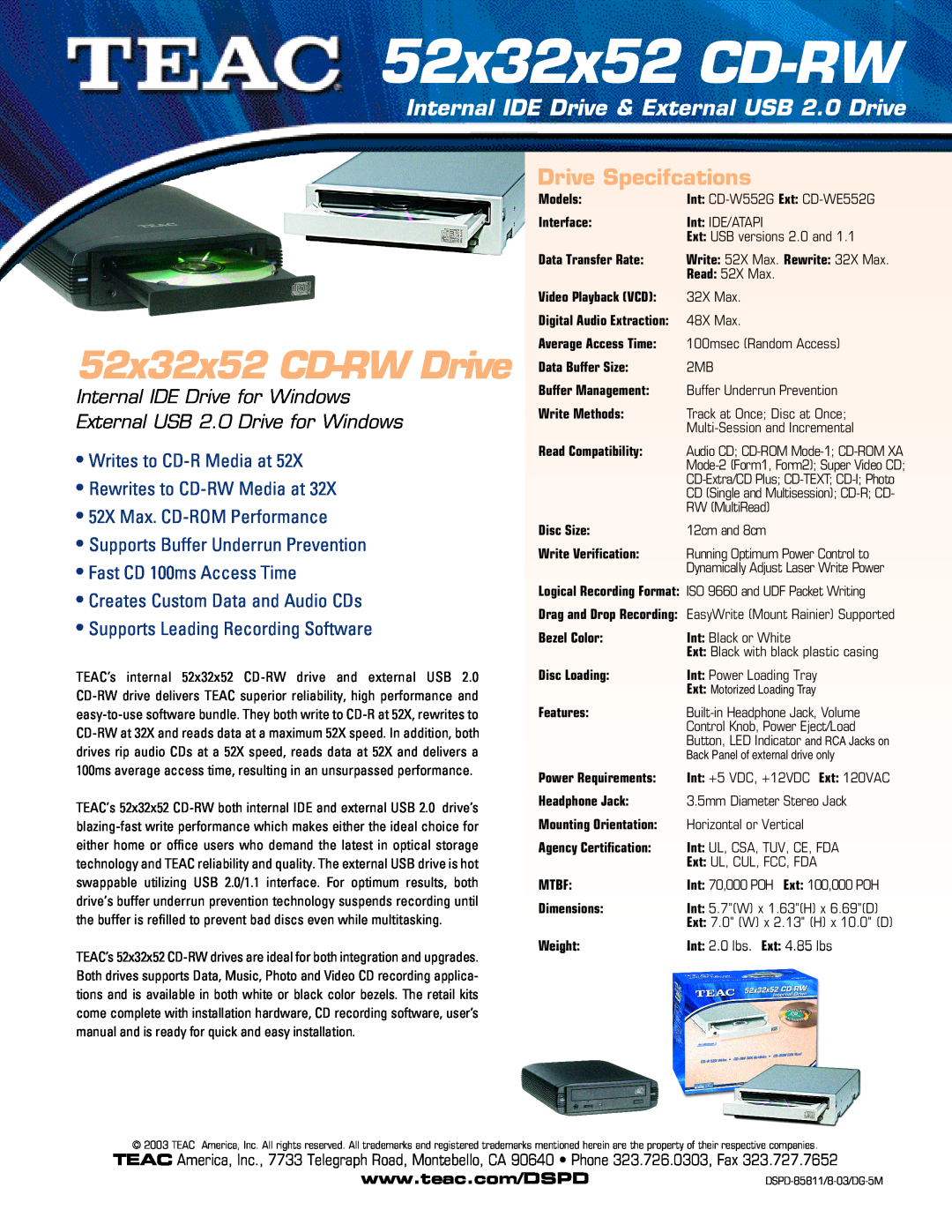 Teac CD-WE552G user manual 52x32x52 CD-RW Drive, Internal IDE Drive & External USB 2.0 Drive, Drive Specifcations 