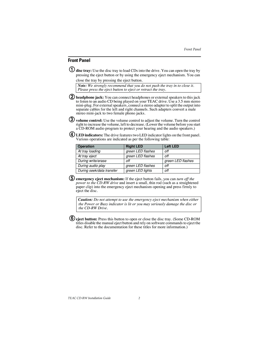 Teac CD-W58 E specifications Front Panel, Operation Right LED Left LED 