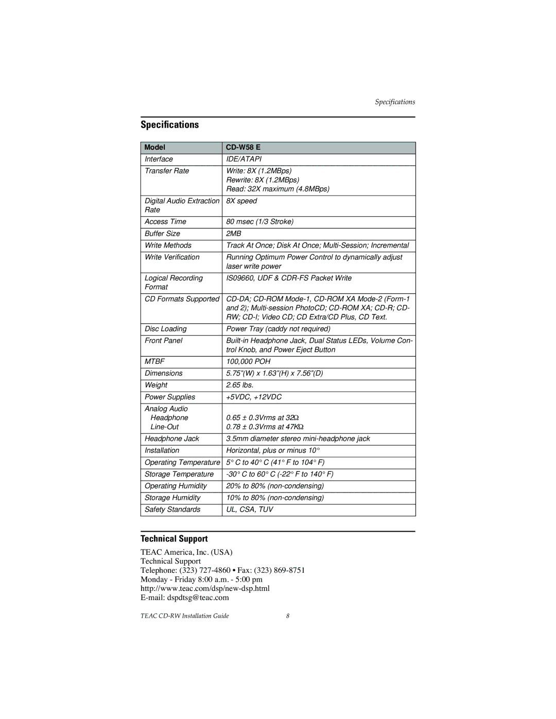 Teac specifications Speciﬁcations, Technical Support, Model CD-W58 E 