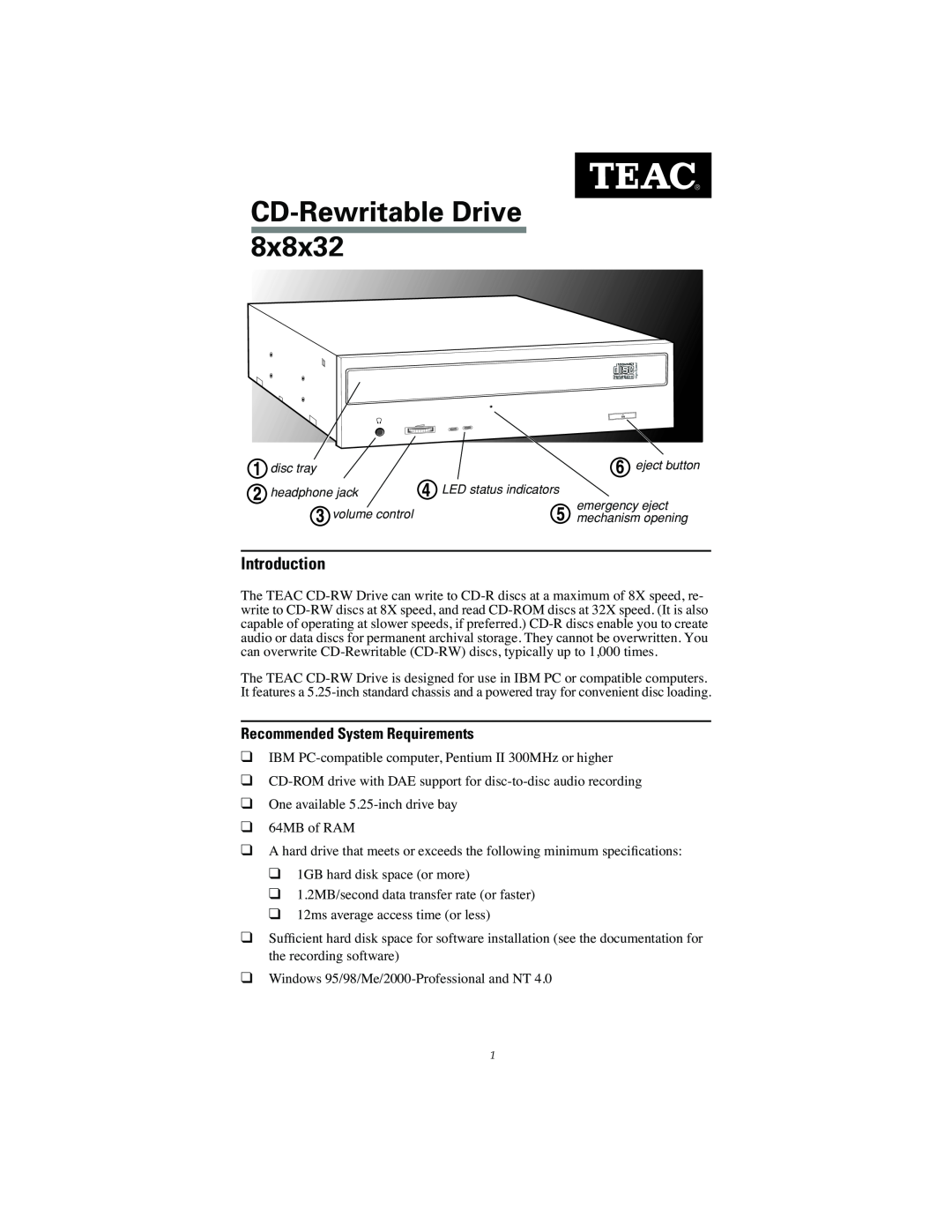 Teac CD-W58 E specifications Introduction, Recommended System Requirements, CD-RewritableDrive 
