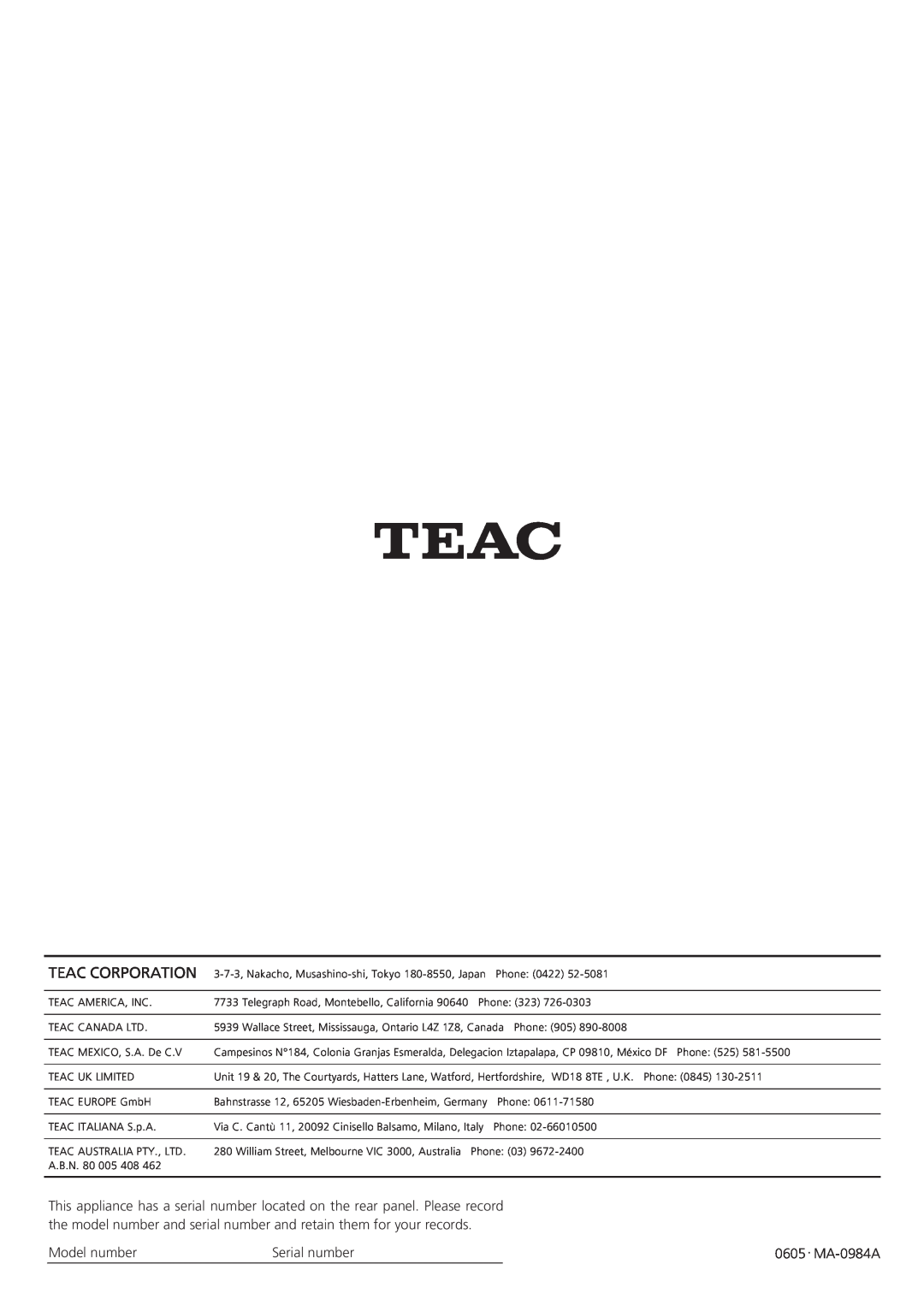 Teac CD-X9 owner manual Teac Corporation, Model number, Serial number, MA-0984A 