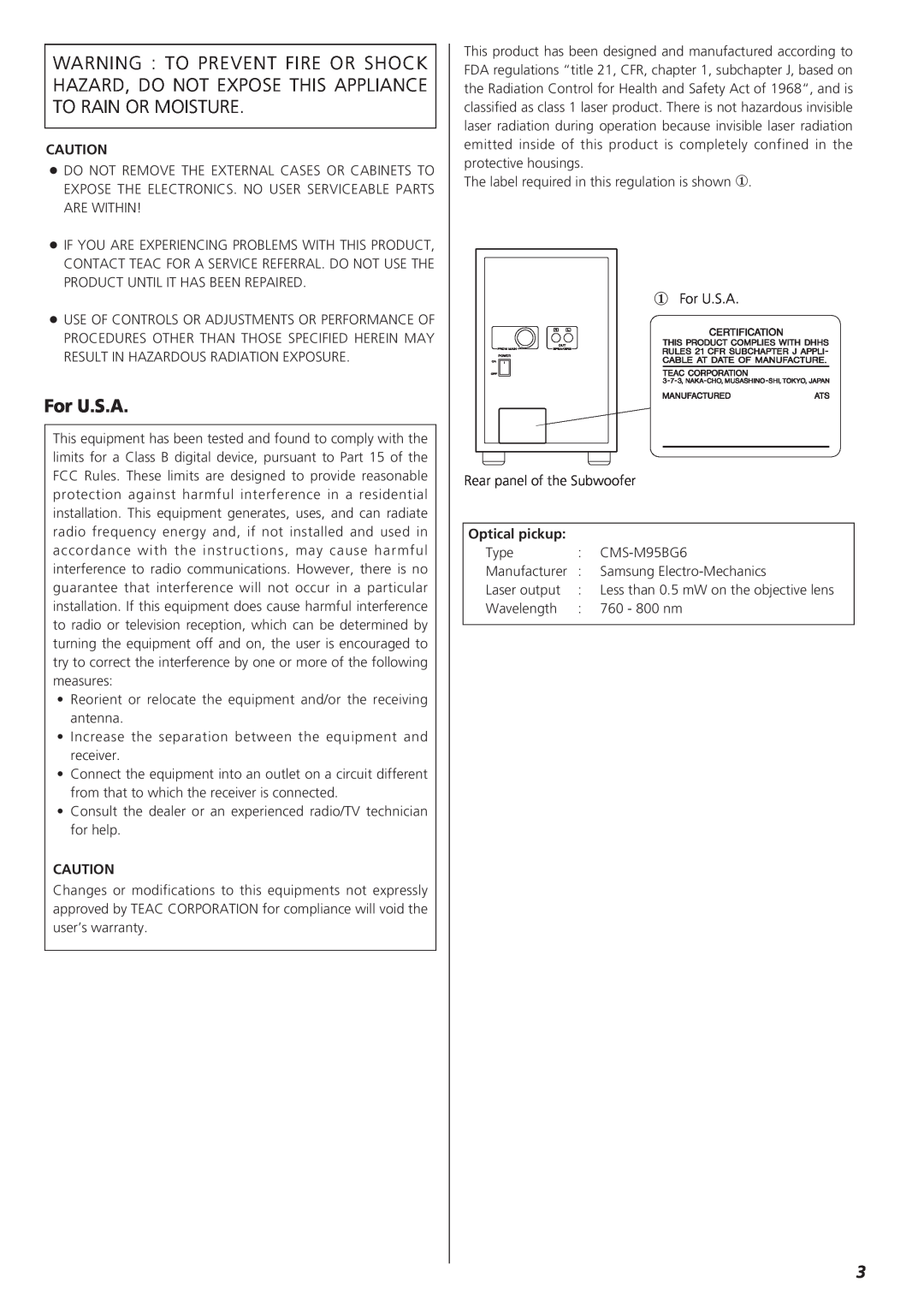 Teac CD-X9 owner manual For U.S.A, Optical pickup 