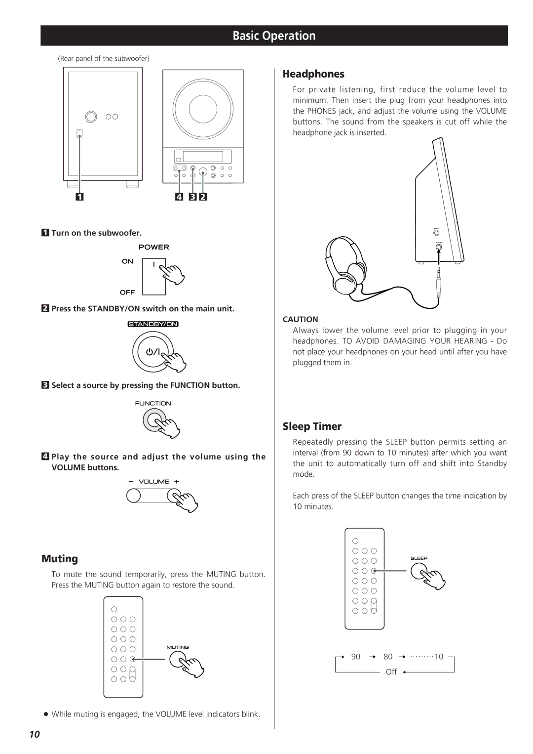 Teac CD-X9 owner manual Basic Operation, Muting, Headphones, Sleep Timer 