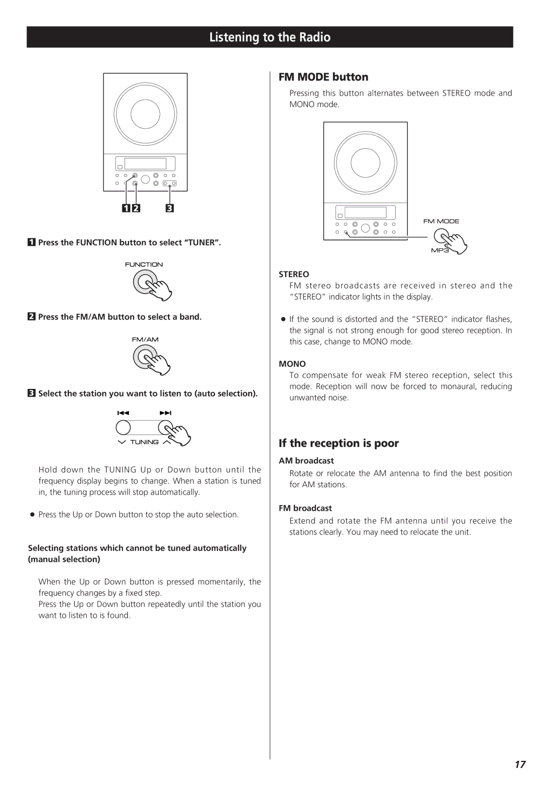 Teac CD-X9 owner manual Listening to the Radio, FM Mode button, If the reception is poor, Stereo, Mono 