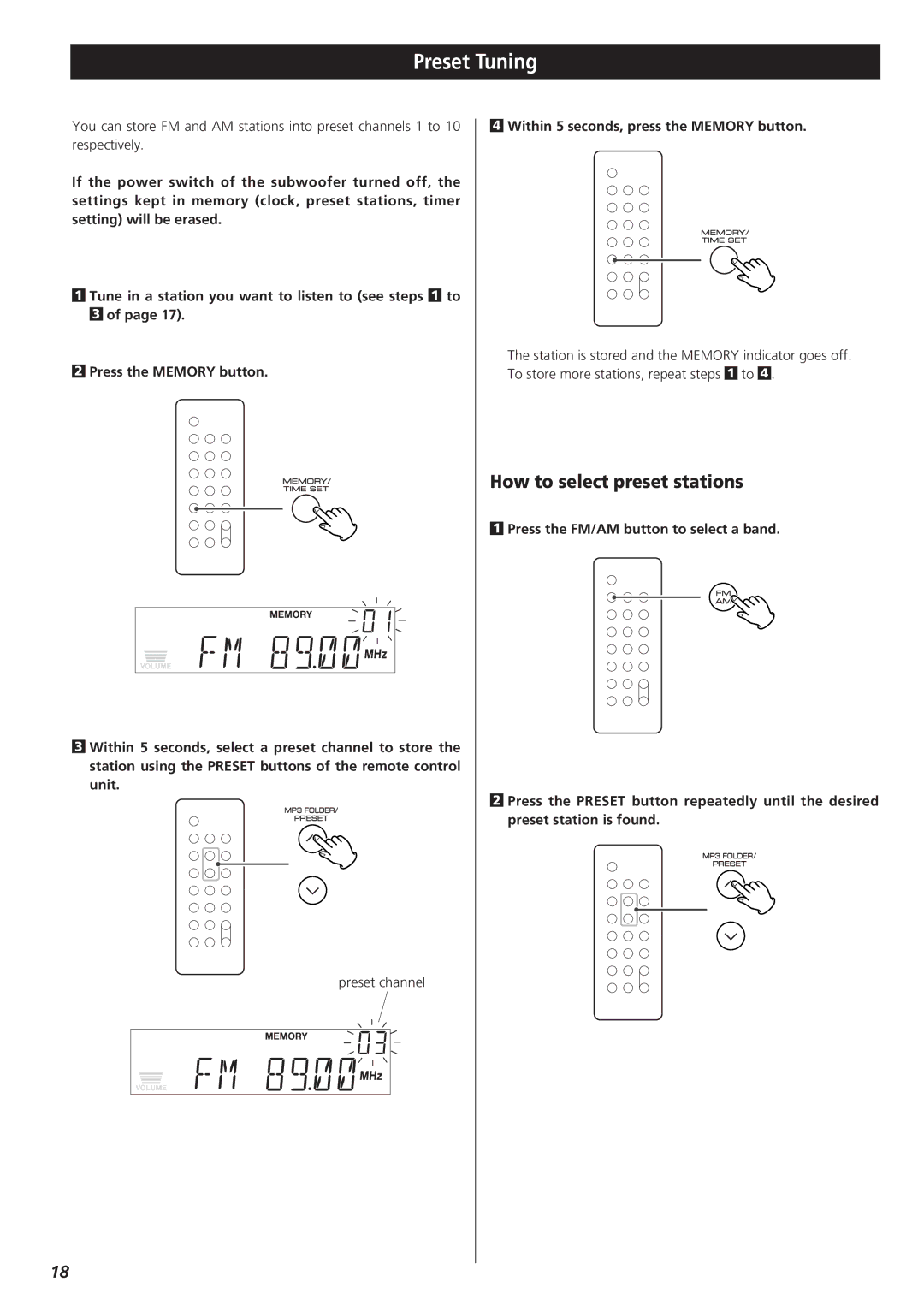 Teac CD-X9 owner manual Preset Tuning, How to select preset stations, Within 5 seconds, press the Memory button 