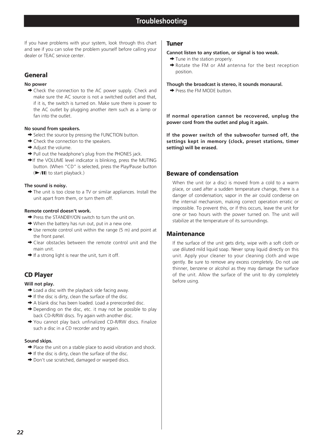 Teac CD-X9 owner manual Troubleshooting 