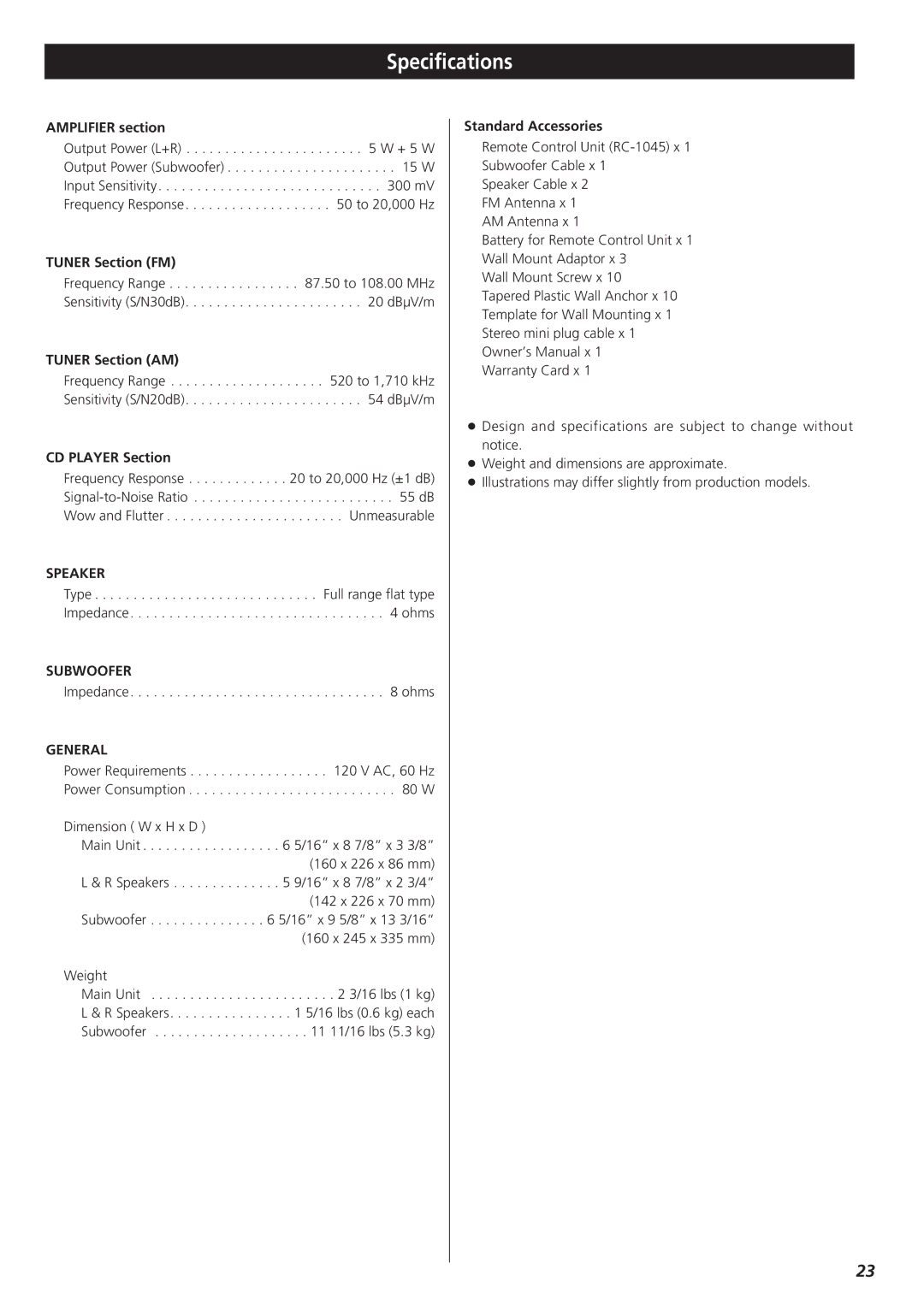 Teac CD-X9 owner manual Specifications, Speaker, Subwoofer, General 