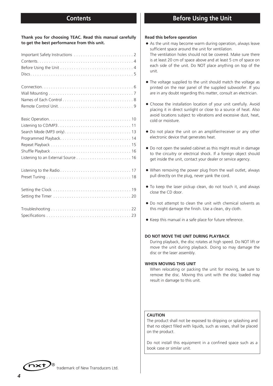 Teac CD-X9 owner manual Contents, Before Using the Unit 