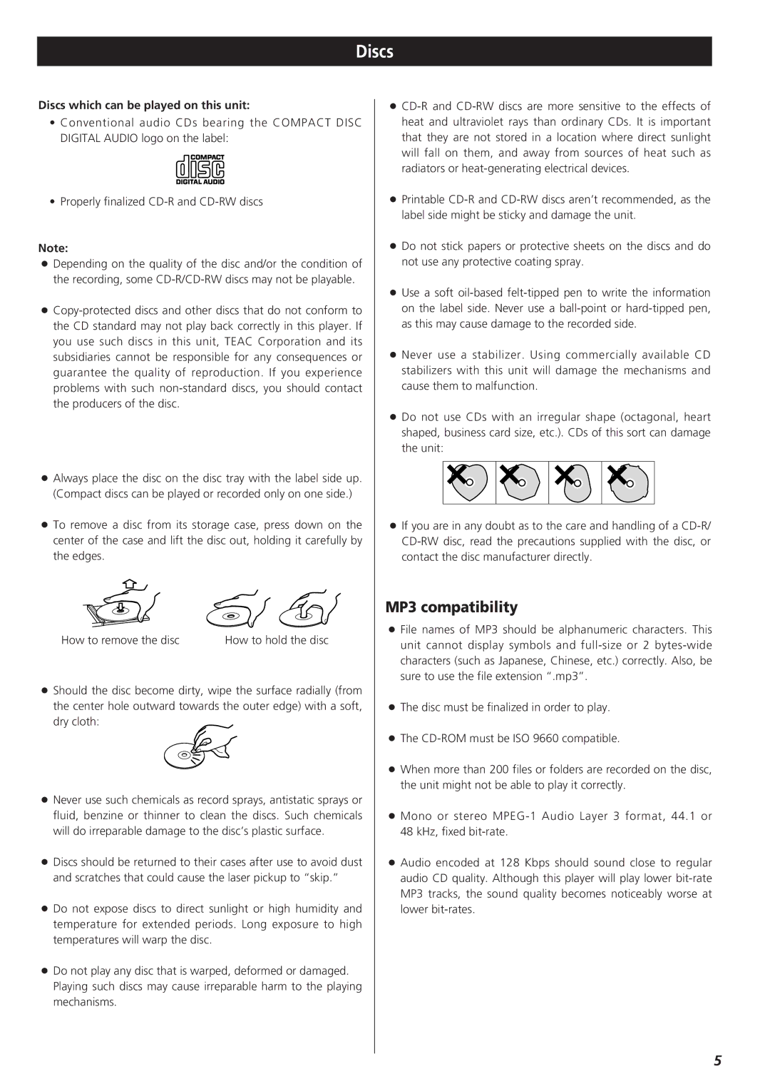 Teac CD-X9 owner manual MP3 compatibility, Discs which can be played on this unit 