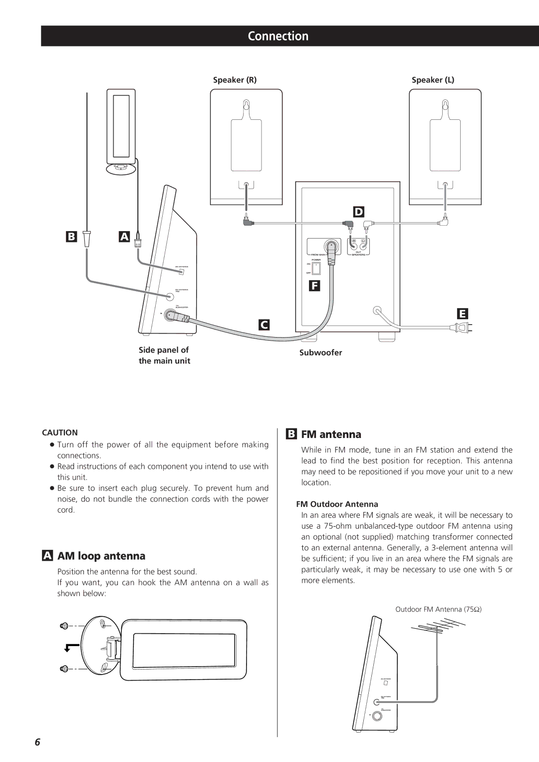 Teac CD-X9 owner manual Connection, AM loop antenna, FM antenna 