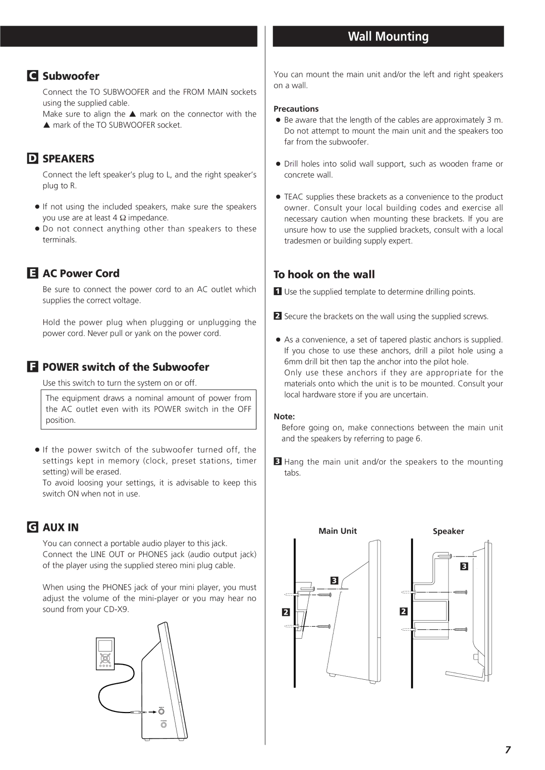 Teac CD-X9 owner manual Wall Mounting, AC Power Cord, Power switch of the Subwoofer, To hook on the wall 