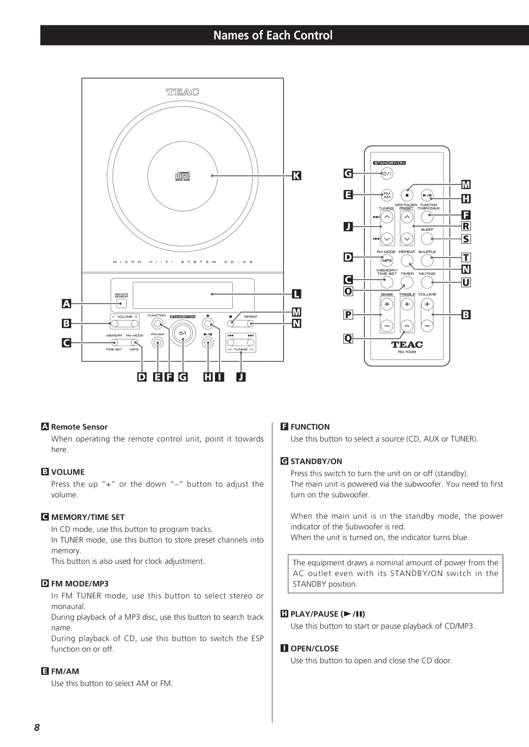 Teac CD-X9 owner manual Names of Each Control 