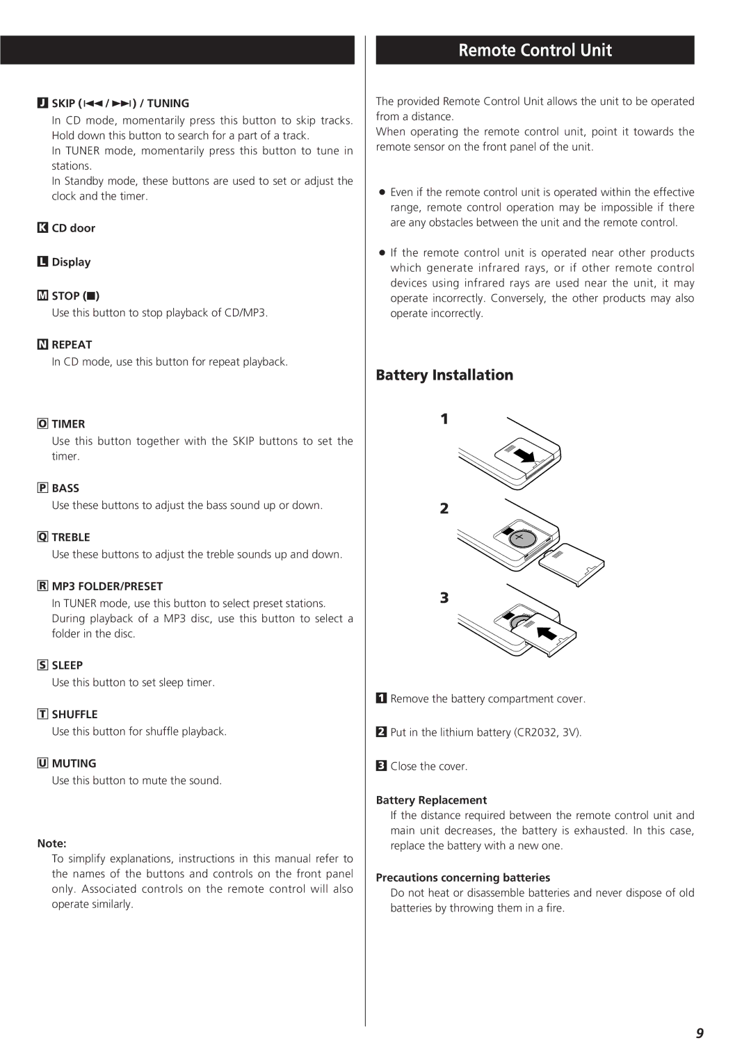 Teac CD-X9 owner manual Remote Control Unit, Battery Installation 