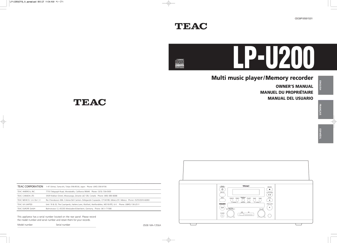 Teac CEC6P10501531 owner manual Model number Serial number MA-1356A 