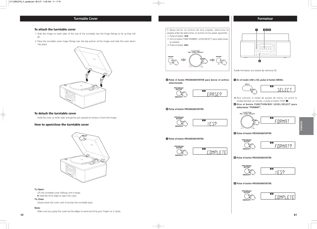 Teac CEC6P10501531 owner manual Turntable Cover, Formatear, To attach the turntable cover, To detach the turntable cover 