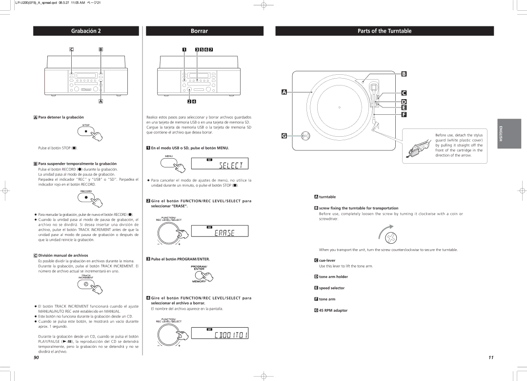 Teac CEC6P10501531 owner manual Grabación, Borrar, Parts of the Turntable 