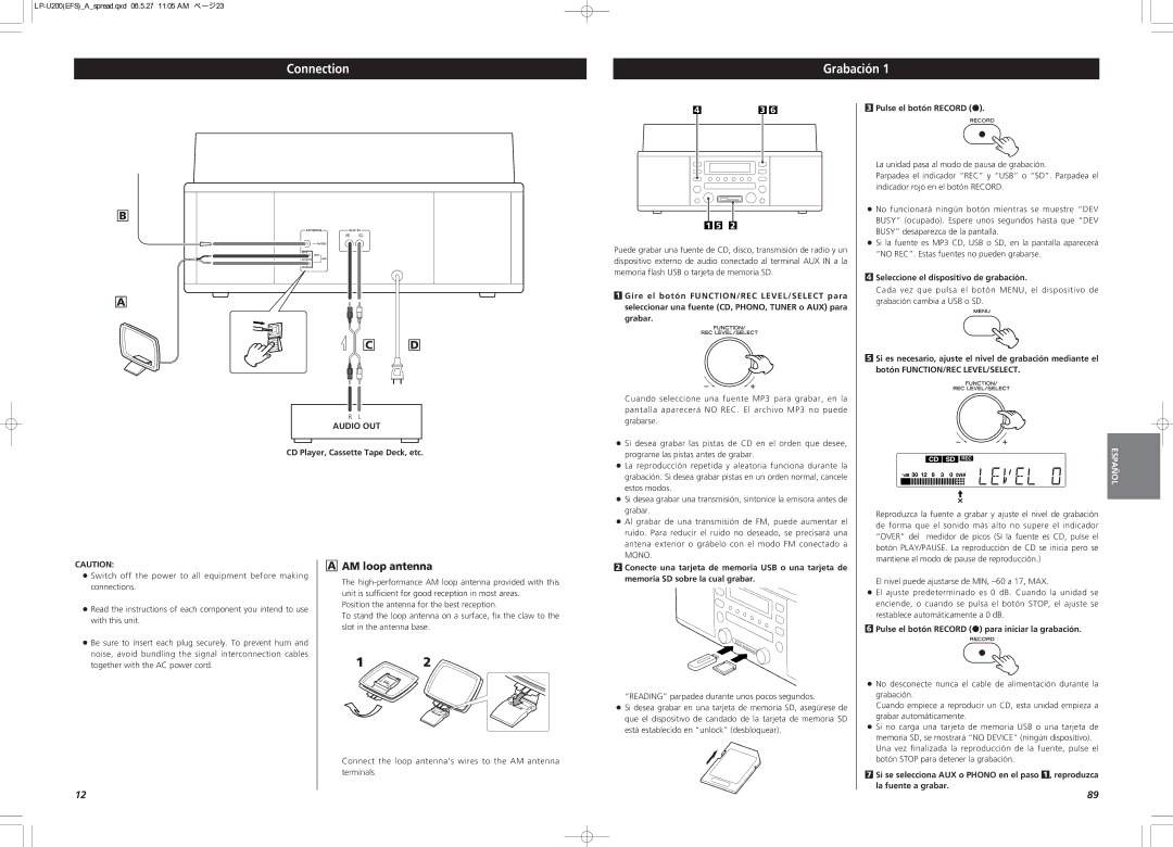 Teac CEC6P10501531 owner manual Connection Grabación, AM loop antenna, Audio OUT 