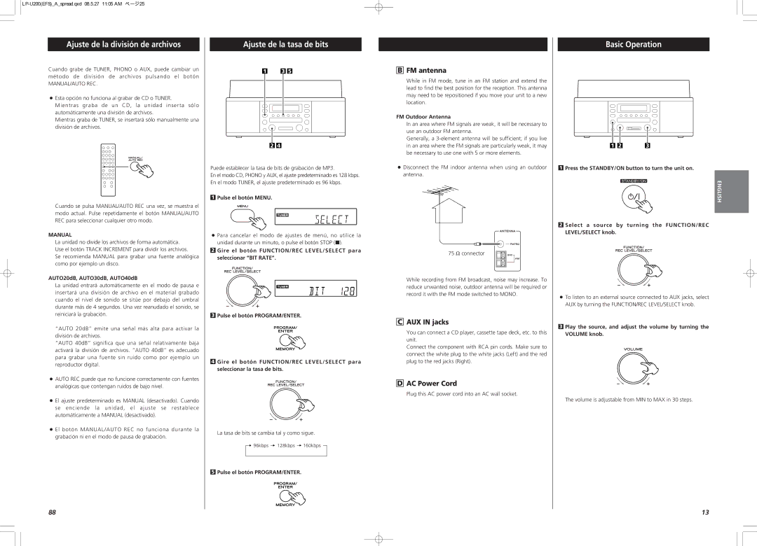 Teac CEC6P10501531 owner manual Ajuste de la división de archivos, Ajuste de la tasa de bits, Basic Operation 