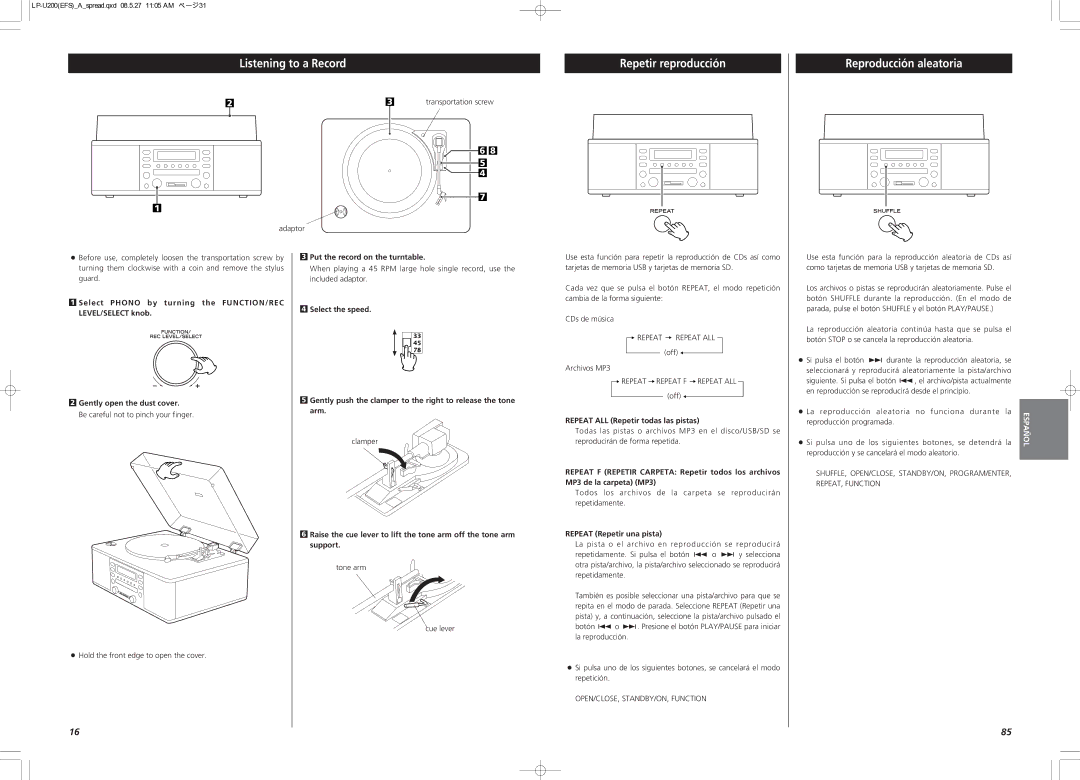 Teac CEC6P10501531 owner manual Listening to a Record, Repetir reproducción, Reproducción aleatoria 