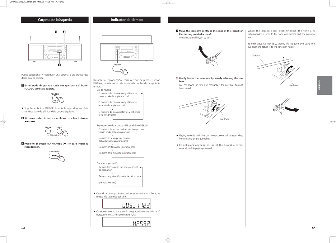 Teac CEC6P10501531 owner manual Carpeta de búsqueda, Indicador de tiempo, Turntable will begin to turn 