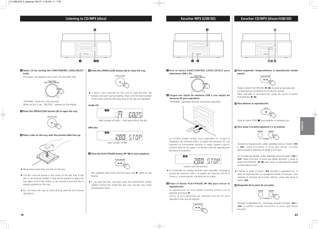 Teac CEC6P10501531 owner manual Listening to CD/MP3 discs Escuchar MP3 USB/SD 