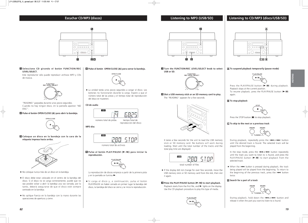 Teac CEC6P10501531 owner manual Escuchar CD/MP3 discos Listening to MP3 USB/SD 