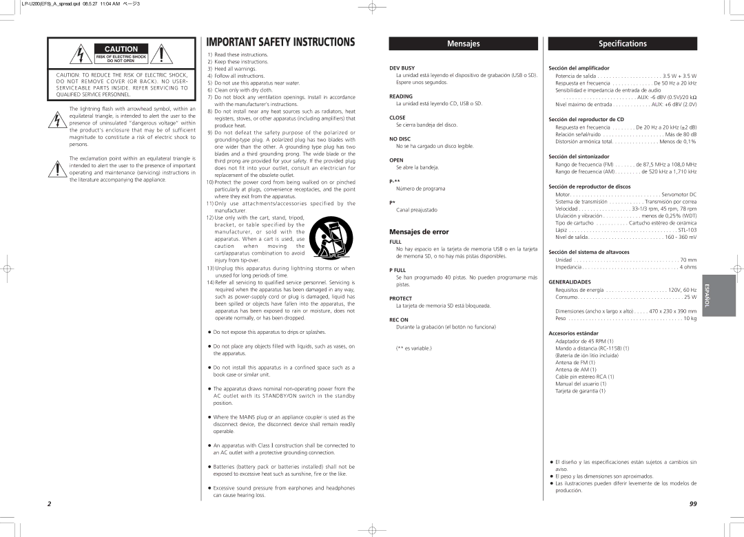 Teac CEC6P10501531 owner manual Specifications, Mensajes de error 