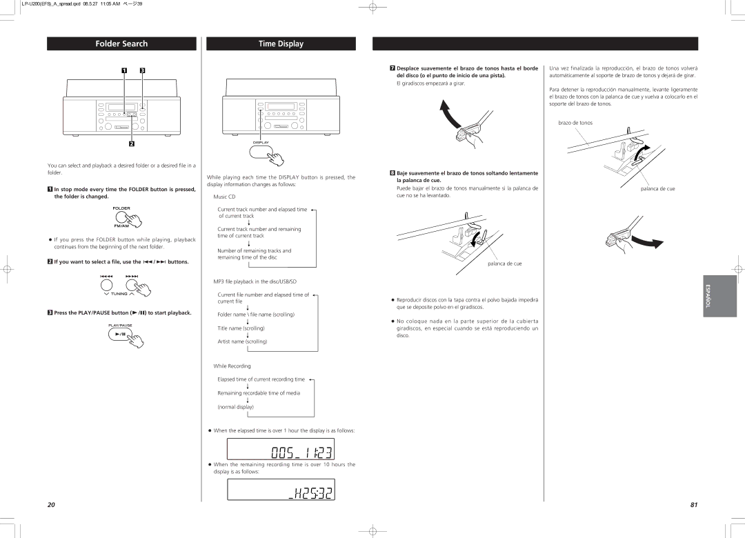 Teac CEC6P10501531 owner manual Folder Search, Time Display, El giradiscos empezará a girar 