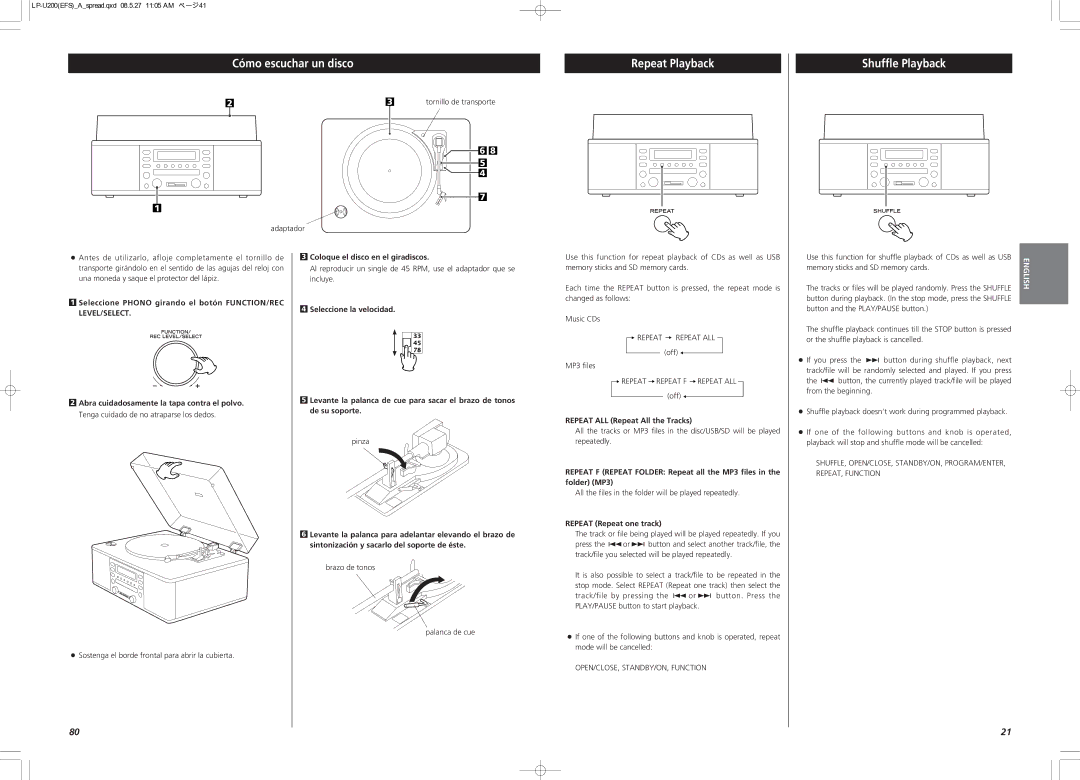 Teac CEC6P10501531 owner manual Cómo escuchar un disco, Repeat Playback, Shuffle Playback 