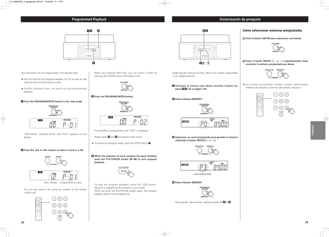 Teac CEC6P10501531 owner manual Programmed Playback Sintonización de preajuste, Cómo seleccionar emisoras preajustadas 