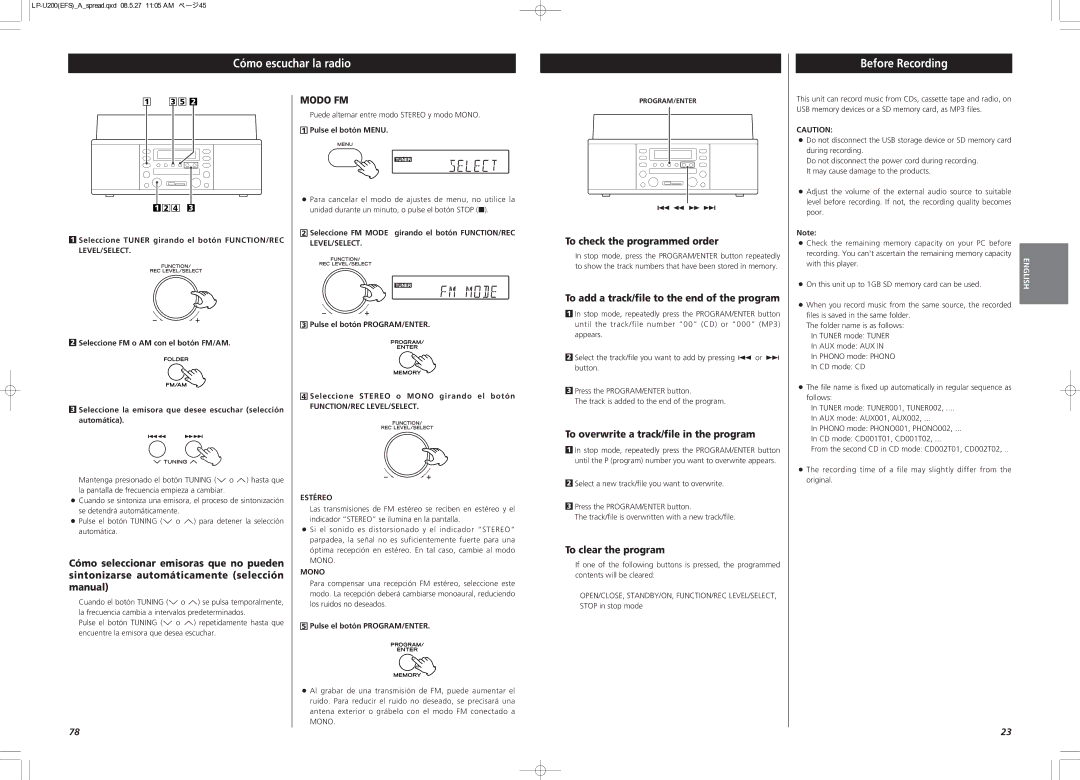 Teac CEC6P10501531 Cómo escuchar la radio Before Recording, To check the programmed order, To clear the program 