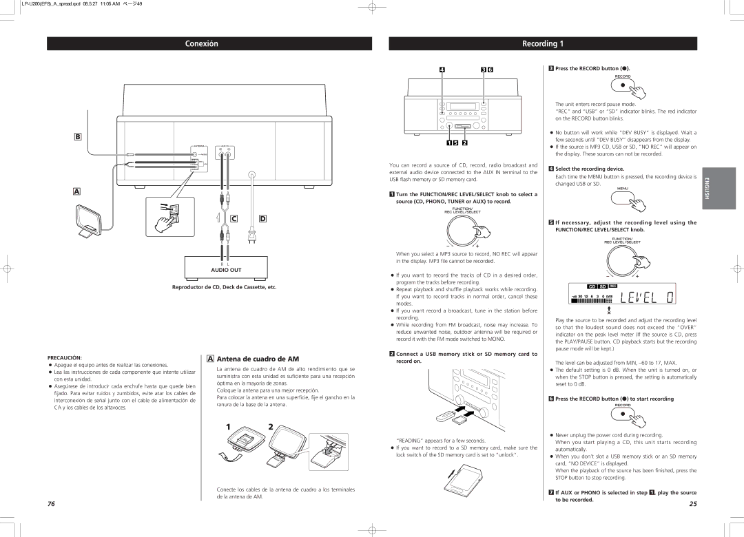 Teac CEC6P10501531 owner manual Conexión Recording, Antena de cuadro de AM 