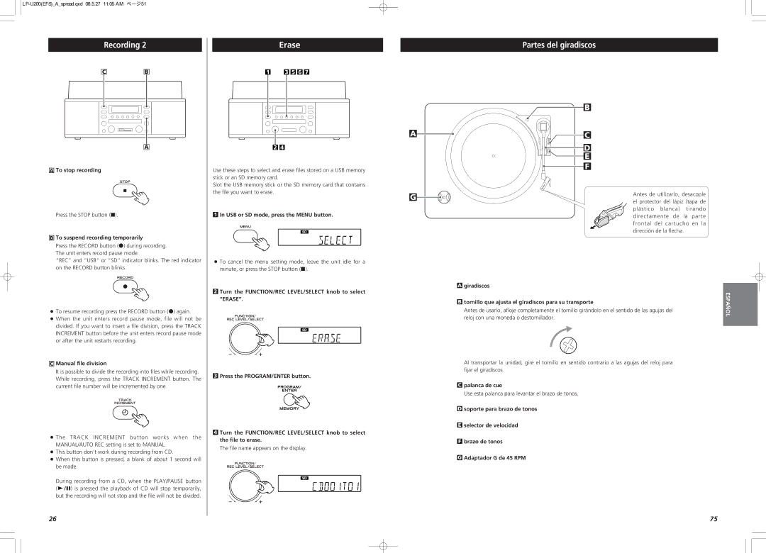 Teac CEC6P10501531 owner manual Erase, Partes del giradiscos 