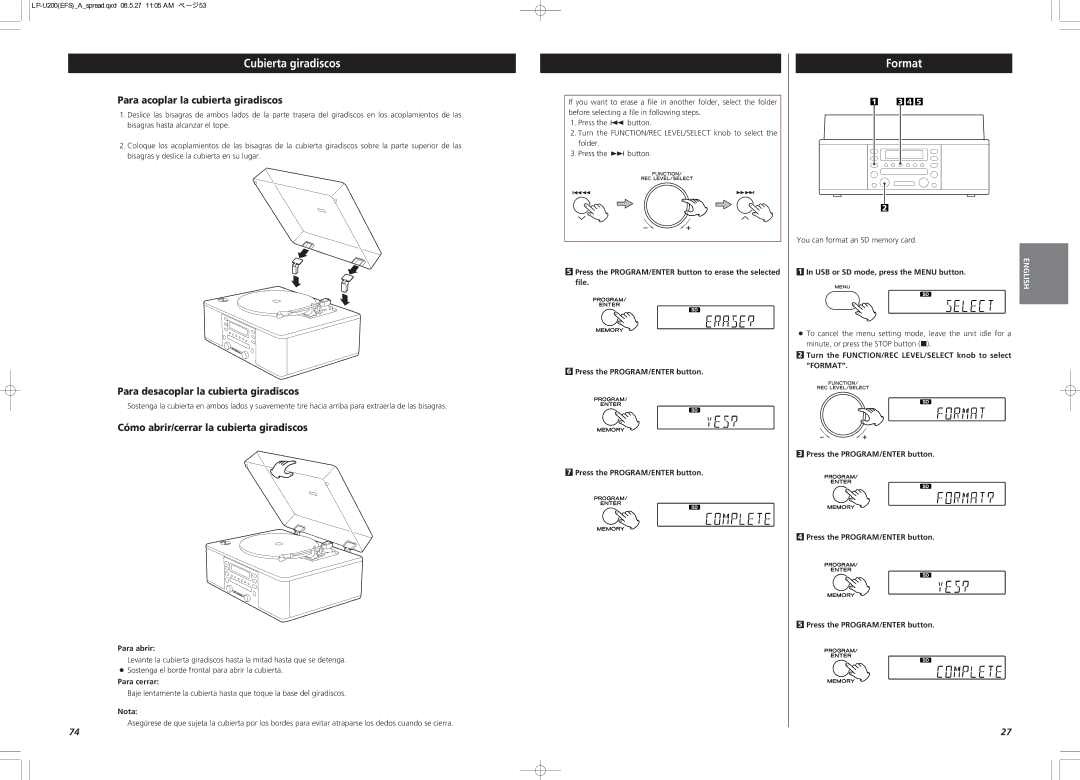 Teac CEC6P10501531 owner manual Cubierta giradiscos, Format, Para acoplar la cubierta giradiscos 