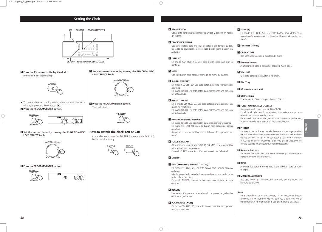 Teac CEC6P10501531 Setting the Clock, How to switch the clock 12H or 24H, Set the current hour by turning the FUNCTION/REC 