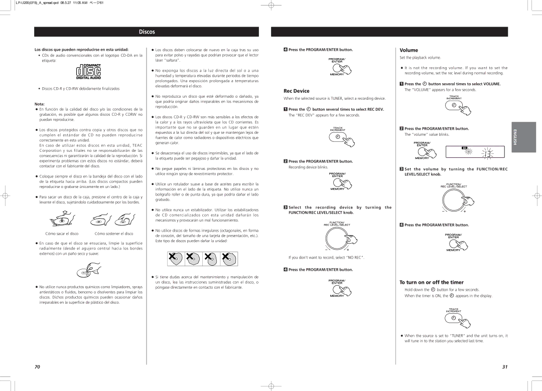 Teac CEC6P10501531 Discos, Volume, To turn on or off the timer, Los discos que pueden reproducirse en esta unidad 