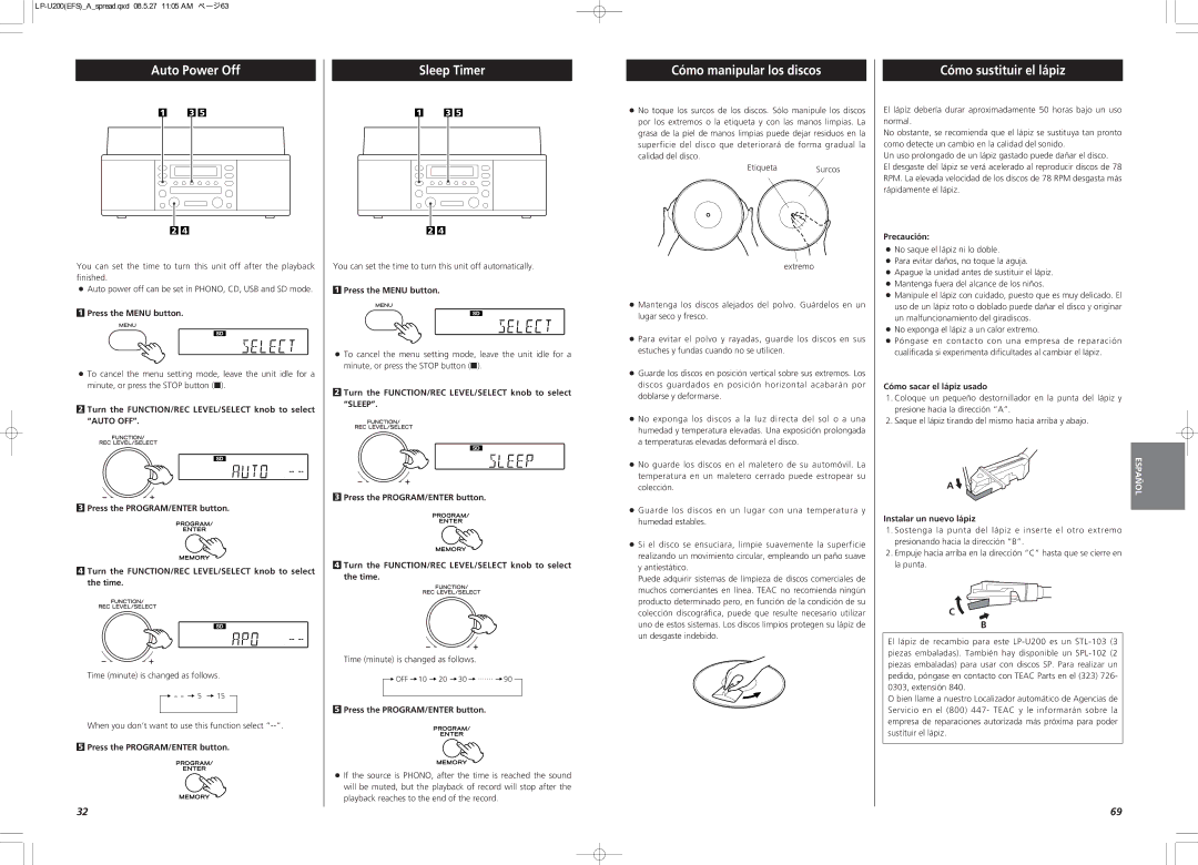 Teac CEC6P10501531 owner manual Auto Power Off, Sleep Timer, Cómo manipular los discos, Cómo sustituir el lápiz 