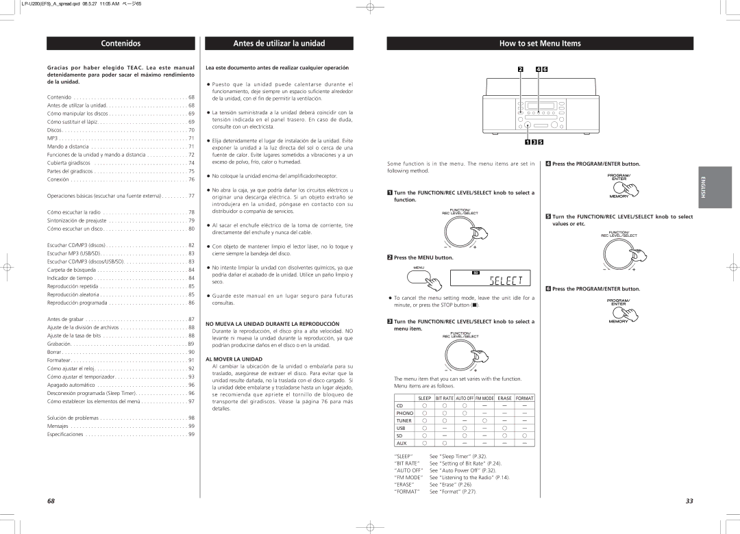 Teac CEC6P10501531 owner manual Contenidos, Antes de utilizar la unidad, How to set Menu Items, AL Mover LA Unidad 