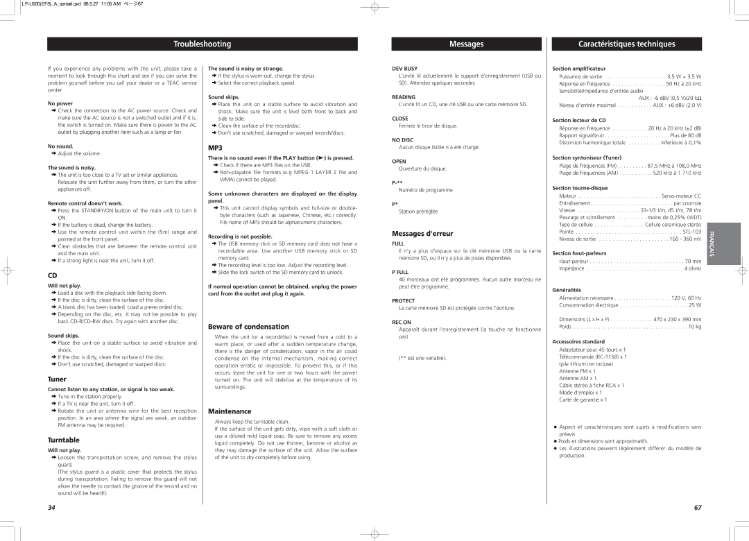 Teac CEC6P10501531 owner manual Troubleshooting Messages Caractéristiques techniques 