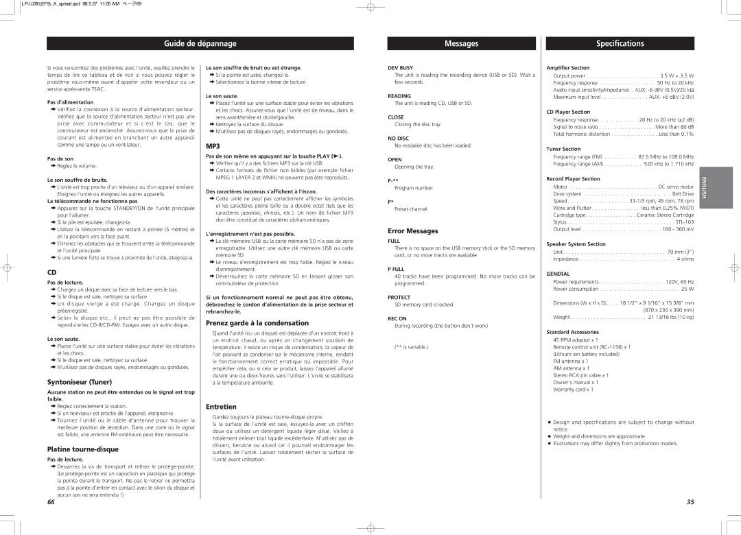 Teac CEC6P10501531 owner manual Guide de dépannage Messages Specifications 